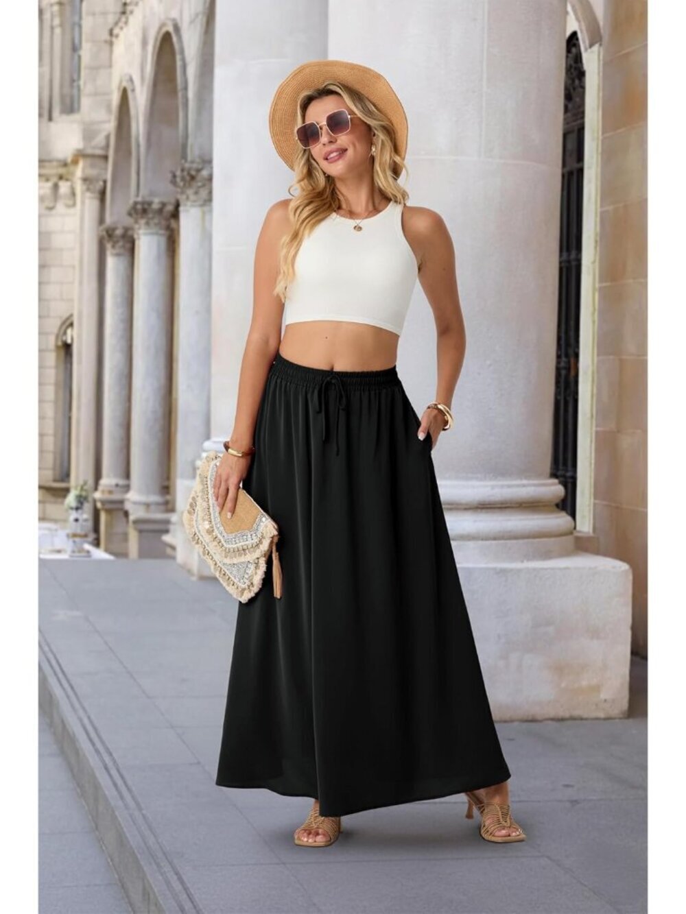 Women Flowy Maxi Skirts High Waisted Summer Casual Long Skirts with Pockets A-Li - Picture 3 of 5